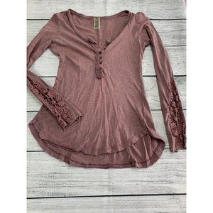 Free People Long Sleeve Shirt Crochet Sleeves Size XS